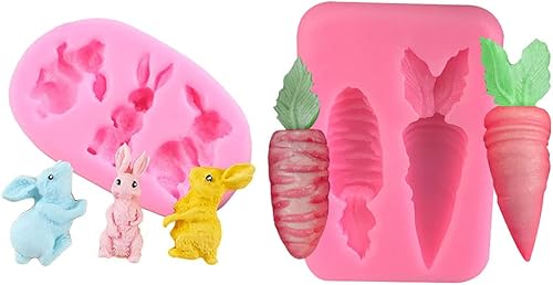 Cestony Moldes de silicona 3D de conejo, conejo y zanahoria vegetal, para manualidades, pasteles, fondant, galletas, jabón, azúcar, pudín,