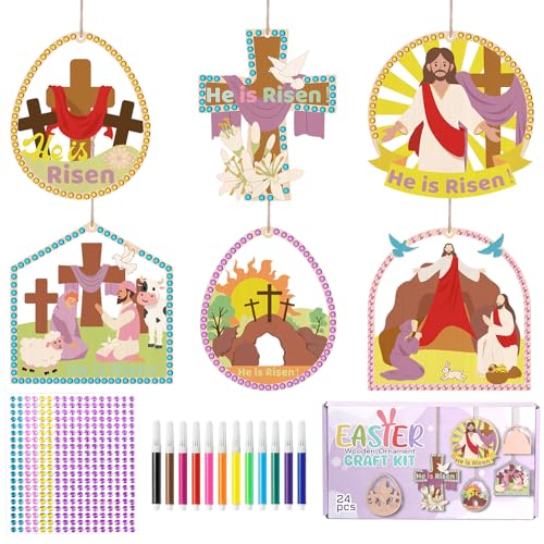 24 PCS Easter Craft Wooden Hanging Christian Religious Easter Basket