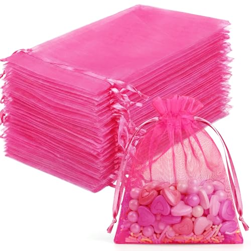 Image of FUNFERY 100 Pcs Hot Pink Organza Bags 3x4 in, Small Mesh Drawstring Gift Bags for Sachet, Jewelry, Candy, Wedding Favor, Easter Day