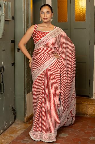 Image of MIRCHI FASHION Women Saree Leheriya Print Chiffon | Lightweight Traditional Sari for Farewell and Wedding Ceremonies with Unstitched Blouse Piece