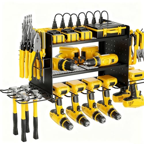 Hision Werkzeug Wandhalterung für 8 Elektrowerkzeuge, 3 Ebenen Werkzeughalterung & Schlagbohrschrauber Werkzeugregal, Werkzeugaufbewahrung für Garage und Werkstatt