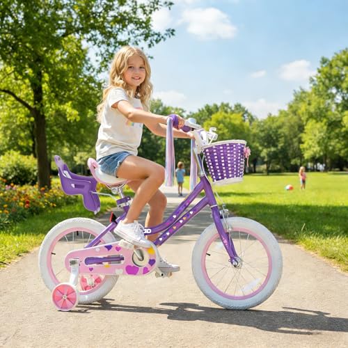 Image of XJD Girls Bike for Toddlers 3-9 Years Old Kids, 12 14 16 Inch Kids Bike with Training Wheels, Streamers, Basket and Doll Seat