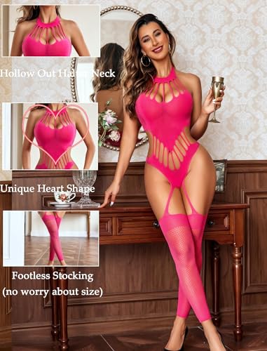 Image of GirlFriend Hot Women's Lingerie Set - Lace Babydoll Outfits 1 Piece Fishnet Bodysuit with attached Mini Skirt with Stockings Babydoll