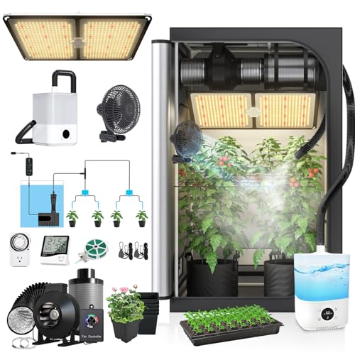 TopoGrow 4'X4' Grow Tent Complete Kit Package, 48'X48'X80' Indoor Grow Tent, S2000 LED Grow Light, Inline Fan Filter Combo, Irrigation Kit, Humidifier, Clip Fan, Plant Tray and Accesories