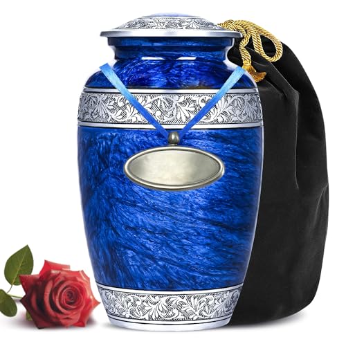 Image of Hand-Engraved Blue Urn for Ashes Adult Male & Female with Velvet Bag & Medallion | Blue Marble Finish Metal Cremation Urns for Human Ashes Adult Man | Elegant Burial & Funeral Urn, Large, 220lbs