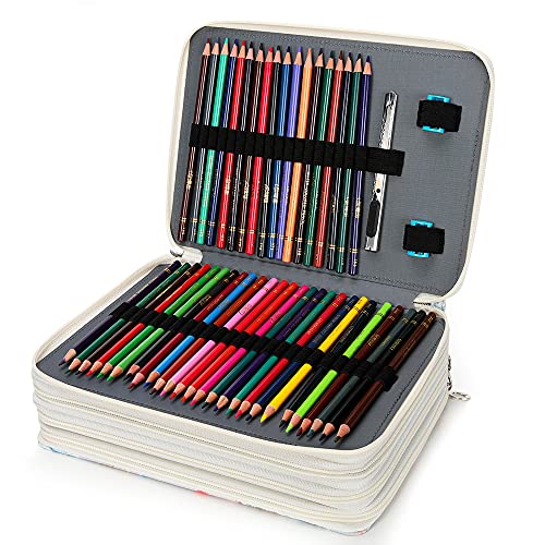 Image of Vomgomfom Colored- 200 Slots Pencil Holder with Zipper Closure Twill Fabric Large Capacity Pencil Case for Watercolor Pens or Markers, Organizer for Artist (Gray Rose)