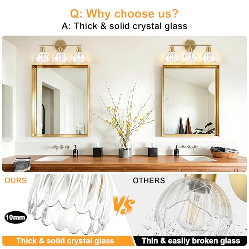 Image of Bathroom Light Fixtures, 3-Light Brushed Gold Vanity Lights for Bathroom with Clear Tulip Glass Shade, 20 inch Vintage Bathroom Vanity Lighting Fixtures Over Mirror for Bedroom Living Room Hallway