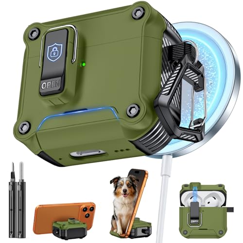 Image of Inesore for AirPods 4 Case with Secure Lock (Dark Green) | Phone Stand Design,Compatible with MagSafe,Automatic Snap Switch Secure Cover with Cleaner Kit & Keychain