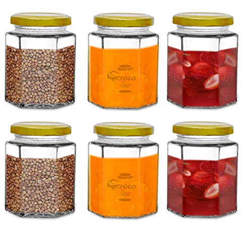 Image of Croco Hexagon Glass Jar & Container With Rust Free Air Tight Lid, Suitable For Use In Your Home Office, Kitchen Storage /Glass Jar For Kitchen 200 Ml (Pack Of 6) (Golden)