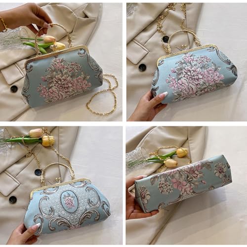 Image of Women Vintage Flower Embroidery Handbag Evening Purse Crossbody Shoulder Bag with Chain Strap