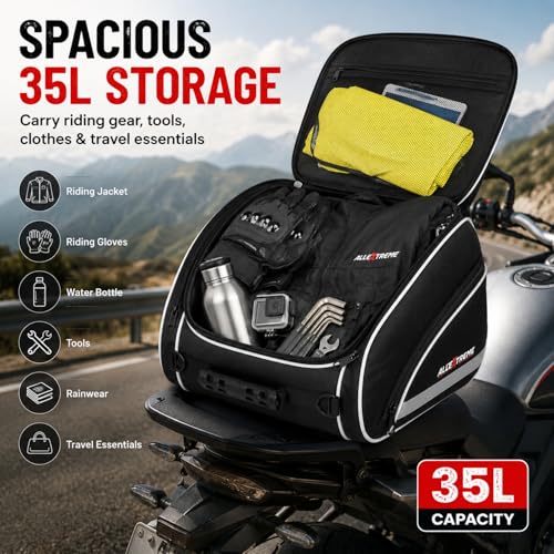 Image of Allextreme 35L Motorcycle Tail Bag Lightweight Multi-Pocket Biker Storage with 4 Point Mounting System YKK Pullers Zippers & Removable Strap for All Motorcycles (Pack of 1 Black)