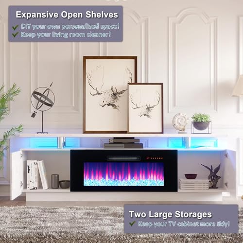 AMERLIFE Fireplace TV Stand with 36" Fireplace, 70" Modern High Gloss Fireplace Entertainment Center LED Lights, 2 Tier TV Console Cabinet for TVs Up to 80", Ivory White