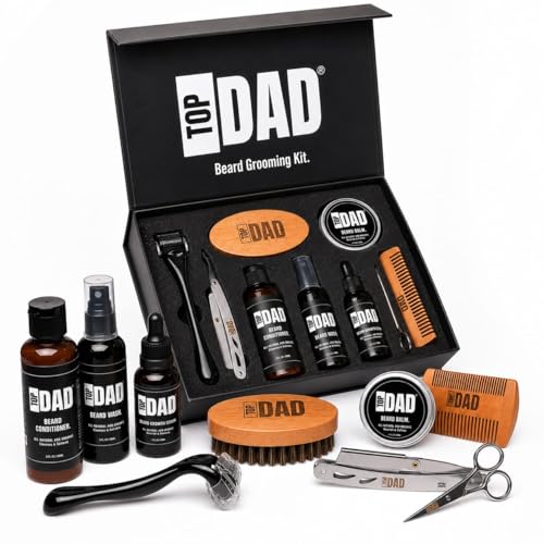 Top Dad Organic and Natural Beard Care Kit for Men Premium Beard Growth Set with Roller Brush Comb Scissors Razor Oil Balm and Wash