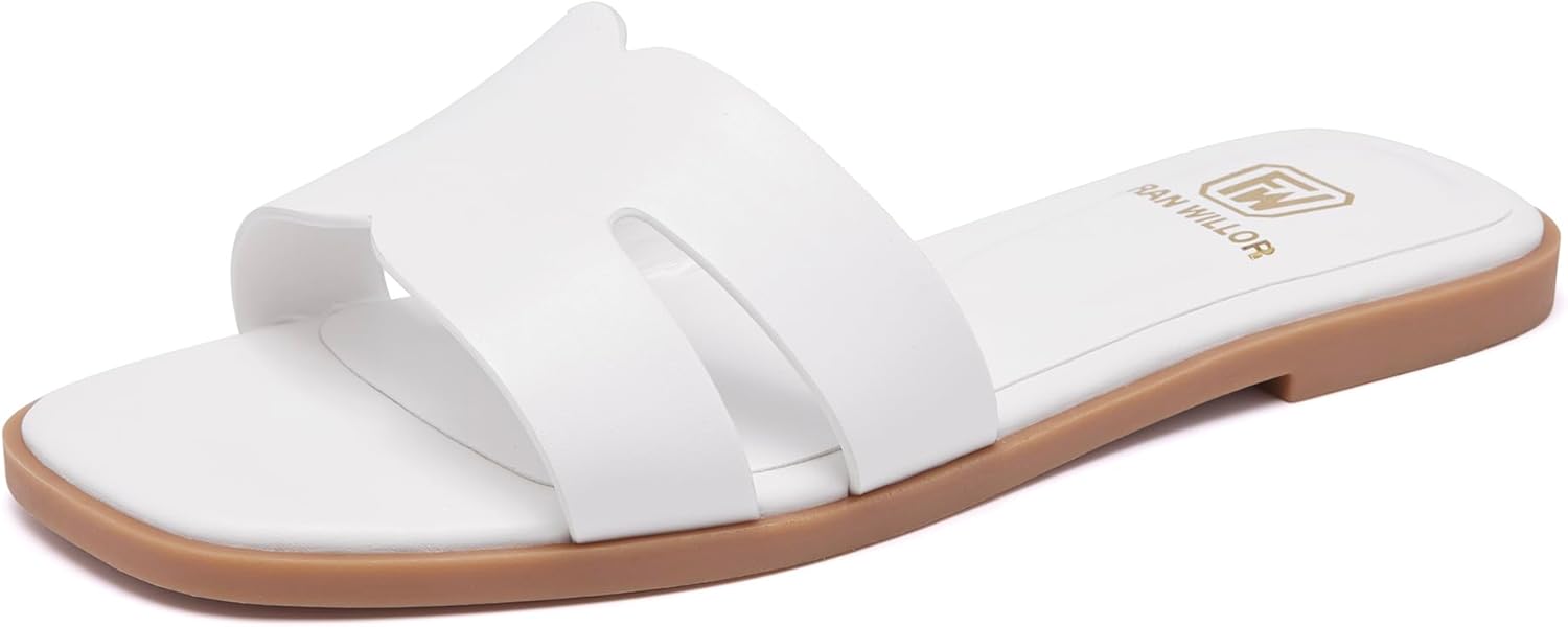Women's Flat Sandals Dressy Comfortable Slide Sandals Fashion Square Open Toe Slip On Beach Sandals for Summer