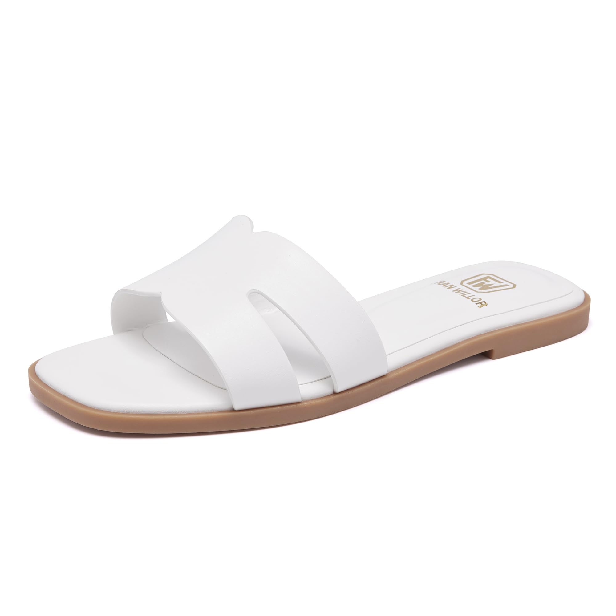 FW FRAN WILLOR Women's Flat Sandals Dressy Comfortable Slide Sandals Fashion Square Open Toe Slip On Beach Sandals for Summer