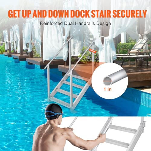Image of VEVOR Dock Stairs 4 Steps, 500lbs Load Pool Steps, Adjustable Height Aluminum Dock Ladders, Pontoon Boat Ladder with Handrails & Widen Nonslip Pedals for Lake /Pool /Marine Boarding /RV /House