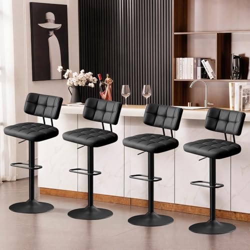 Ckaff Set di 4 Sgabelli da Bar, Sedie da Bar Girevole 360° Altezza Regolabile da Penisola, Sgabelli Alto in Similpelle, Sedie da Cucina con Schienale e Poggiapiedi per Bar Cucina Ristorante, Nero