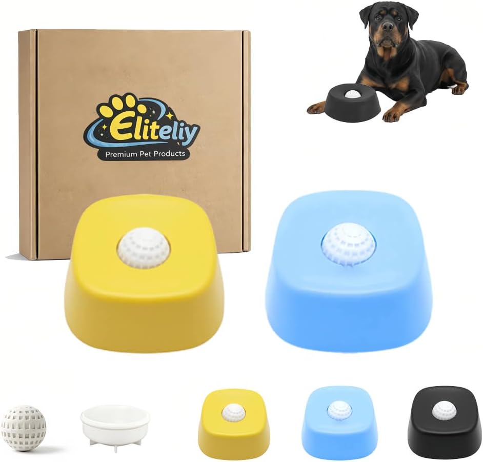 Slow Feeder Dog Bowls Spill-Resistant Liquid with Rolling Ball Puzzle Feeder Yogurt Pup Bone Broth Interactive Slow Eating Toy for Anxiety Relief Boredom Post-Op Nutrition Aid (Yellow+Blue)