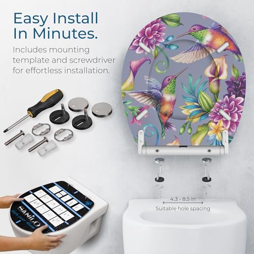 Image of Sanilo Wooden Toilet Seat with Quick Release & Soft Close [ROUND] - Decorative & Slow Close Molded Wood Seat - With One Click for Easy Installation & Cleaning - With Adjustable Fit (Hummingbird)