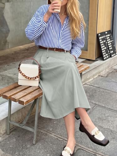 Image of Casly Lamiit A-Line Midi Skirts for Women Business Skirt | Elastic High Waisted, Pleated with Pockets, Work Skirts Casual