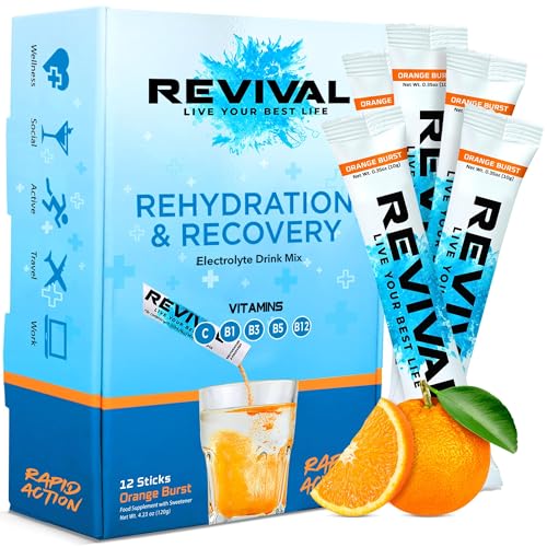 Revival Rapid Rehydration Electrolytes Powder - High Strength Vitamin C, B1, B3, B5, B12 Supplement Sachet Drink, Effervescent Electrolyte Hydration (Orange Burst, 12 count (Pack of 1))