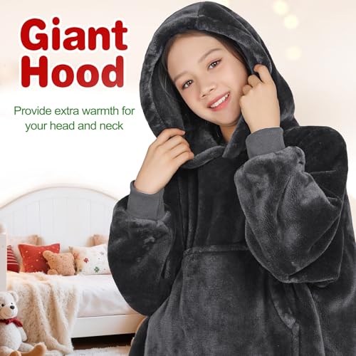 Image of Waitu Wearable Blanket for Kids, Cozy Wearable Blanket Hoodie for Teens Girls Boys, Warm Blanket Sweatshirt Gift for Teenage, Hoodie Blanket with Sleeves and Giant Pocket - Dark Gray
