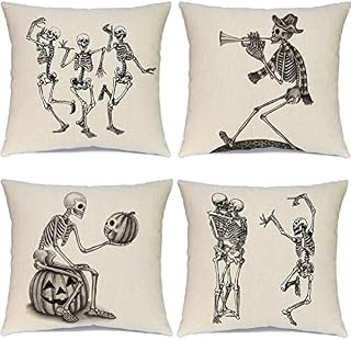 Halloween Pillow Covers Skeleton Skull Pumpkin Throw Pillowcases Set of 4 Cotton Linen Pillow Cushion Cover for Halloween Decorations,18 by 18 Inch Halloween Pillowcases