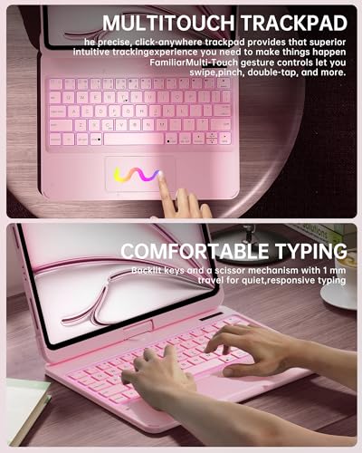 Image of Intermerge for iPad Air 11 inch Case with Keyboard Transparent(M4 /M3 /M2, 2026 /2025 /2024) & Air 5 /4 Gen, 360 Rotating Multi-Touch Trackpad, 7-Color Backlit Keyboard, Pencil Holder - Pink