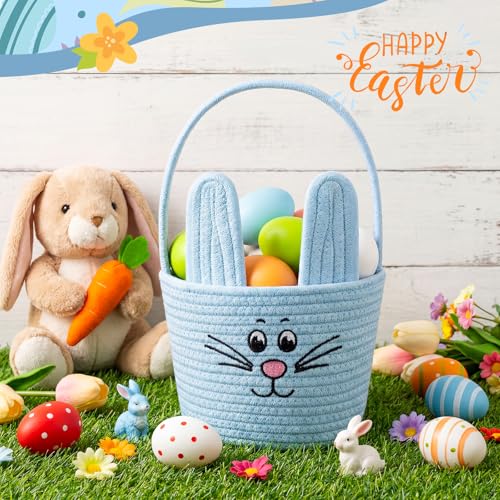 Image of Teenyyou Woven Easter Baskets Woven Bunny Baskets with Handles Eggs Hunt Bucket Rabbit Cotton Rope Basket Baby's First Easter Basket Gift for Toddler Boys Girls(Macaron Blue)