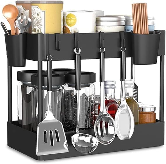 Kruvad 2-Tier Kitchen Organizer Multi-Purpose Under Sink Cabinet Basket Plastic Under Sink Storage Bathroom Kitchen Restroom Cup & Hooks Cleaning Supplies Organizer Basket (38.5x21x11 CM)
