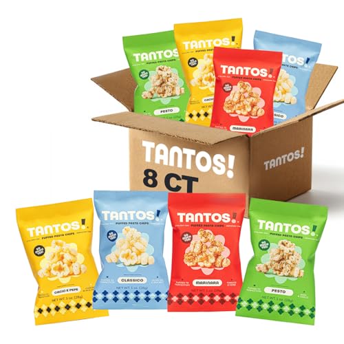 Tantos Puffed Pasta Chips Variety Pack Pesto, Marinara, Cacio e Pepe, Classico Plant Based Low Calorie Snack 1 oz, Pack of 8
