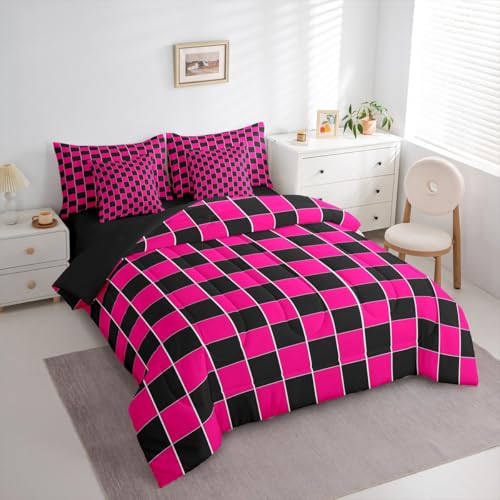 Image of Erosebridal 7 Pcs Hot Pink Black Grids Comforter Set Twin Geometric Checkered Bed in A Bag with Sheets for Kids Girls Teen Women Bedroom Decor,Aesthetics Plaid Bedding Soft Lightweight Bed Set