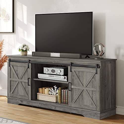 Yitahome Farmhouse Tv Stand For 65/60/ 55 Inch Tv, Rustic Modern Entertainment Center With Sliding Barn Door, Wood Tv Media Console Storage Tv Cabinet For Living Room, Rustic Gray #TOP3