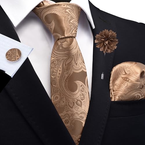 Image of GUSLESON Paisley Tie Set for Men 3.15 inch Necktie Lapel Pin Hankerchief Cufflinks Set for Men