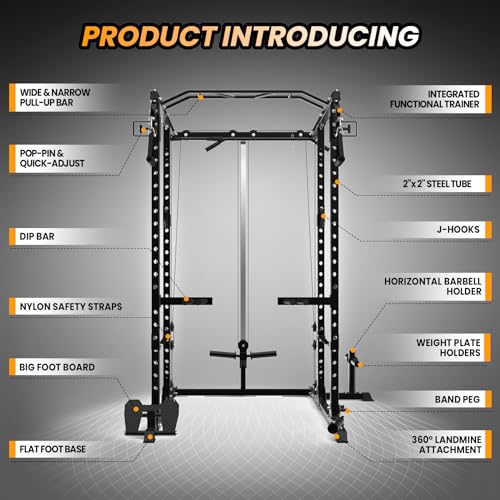 GaveeLife Power Cage, 2000 LBS Power Rack with Cable Cross-Over System, Multi-Functional Strength Training Squat Rack with LAT Pull Down System, Home Gym Equipment with Training Attachment, Red