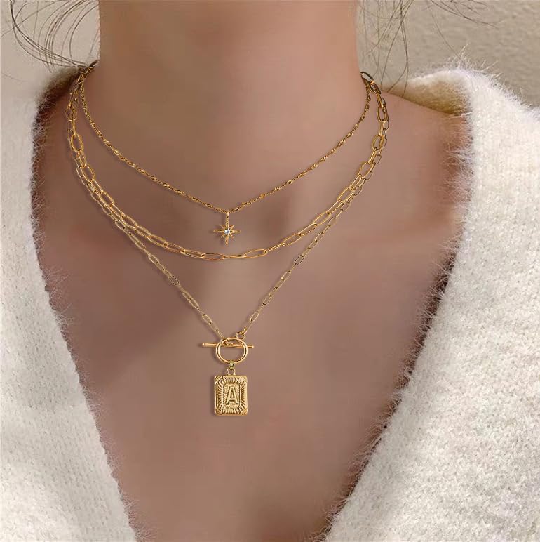 Dainty Gold 3-Layer Personalized Initial Necklace for Women - 18K Gold Layered Letter Pendant Necklace Adjustble Paperclip Chain Choker Necklace Jewelry Gifts with Star Charm - Image 2