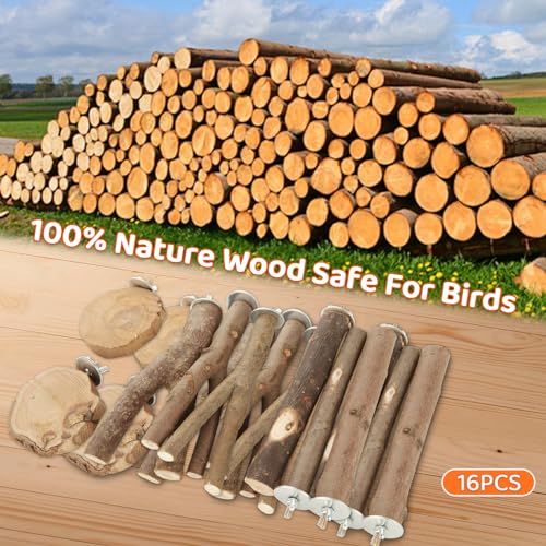 Image of 16 PCS Natural Wood Bird Perches Wooden Parrot Perch Stand Fork Toys Bird Cage Hanging Perch Platform for Macaws, Small Parakeets, Conures, Budgies, Finches