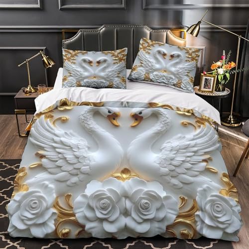 Parure de lit imprimé en 3D Swan Love avec housse microfibre - 2