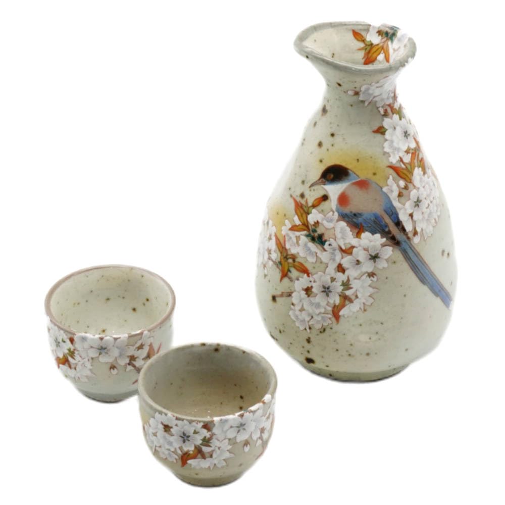 Amazon.co.jp: 九谷焼 北山堂 酒器揃 （徳利＆盃セット） 山桜に鳥