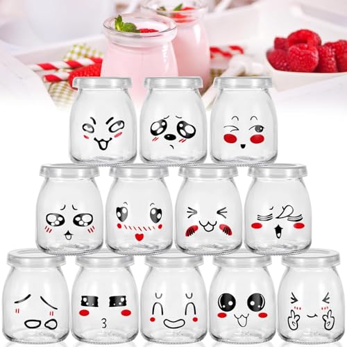 Purpledi 12 Pots Yaourt en Verre avec Couvercles Hermetique, Pot Yaourt en Verre avec Couvercle, Bocal Crème avec Couvercle en Plastique pour Yaourtière...