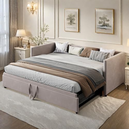 DAHUEN Schlafsofa 90/180x200 cm, Ausziehbett, 2-Sitzer Sofa mit Schlaffunktion, Sofabett Ausziehbar zum Doppelbett, Funktionsbett, Gästebett klappbar, Mit Lattenrost, Samtstoff (Grau, 90/180x200cm) DAHUEN Schlafsofa 90/180x200 cm, Ausziehbett, 2-Sitzer Sofa mit Schlaffunktion, Sofabett Ausziehbar zum Doppelbett, Funktionsbett, Gästebett klappbar, Mit Lattenrost, Samtstoff (Grau, 90/180x200cm)