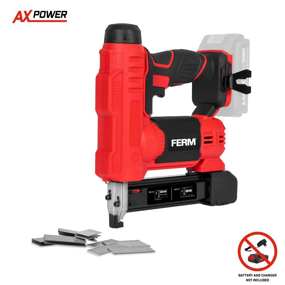 FERM AX-Power Agrafeuse sans fil 20 V - Capacité : 30 coups/min - Chargeur pour 100 agrafes - Pour clous et agrafes - Lampe de travail LED - Poignée souple - Sans batterie ni chargeur