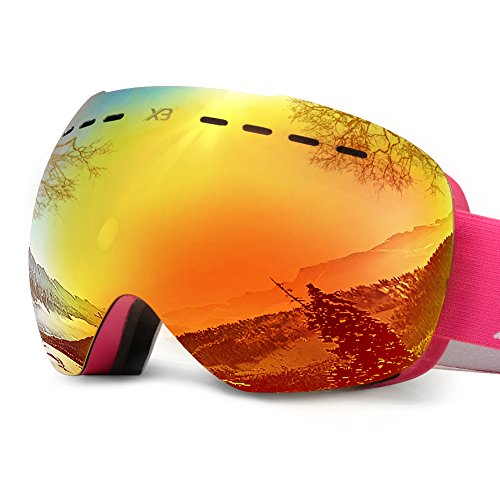Mounchain Ski Goggles, OTG Snowboard Goggles 100% UV Protection, Snow Goggles Anti-Fog, Helmet Compatible, Interchangeable Lens for Men Women Skiing Snowmobile Skating