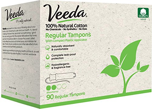 Veeda 100% Natural Cotton Tampons - Regular Absorbency with Leak Proof Protection - Compact BPA-Free Applicator - Unscented & Free from Chlorine, Toxin - 90 Count