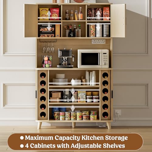 Image of Lulive 71 inch Tall Pantry Cabinet with Rolling & Sliding Doors, 39 inch Wide Kitchen Storage Cabinet with Charging Station and Open Countertop, Modern Kitchen Pantry Cabinet for Dining Room, Natrual