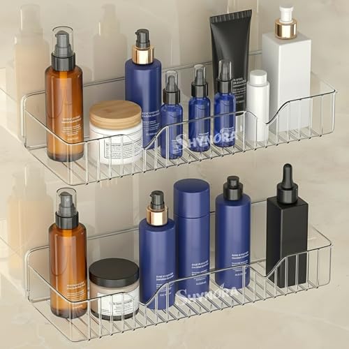 Image of Self Adhesive Bathroom /Kitchen Storage Organiser Shelf Without Drill Wall-Mounted Shelves Rack | Multipurpose Bathroom Accessiories Set with Durable PET Material (Transparent, Pack of 2)