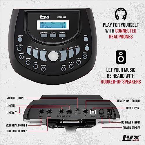 LyxJam 8-Piece Electronic Drum Kit, Professional Drum Set with Real Mesh Fabric, 448 Preloaded Sounds, 70 Songs, 15-Song Recording Capacity, Choke,Rim,Edge Capability & Kick Pad, Drum Sticks Included