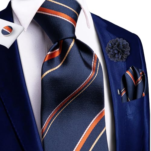 Image of Hi-Tie Men Silk Ties Set with Flower Lapel Pin Necktie Pocket Square Cufflinks for Tuxedo Wedding Business