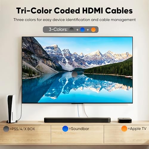 Image of 4K HDMI Cable 3FT 3-Pack(Tri-Color), High Speed 18Gbps HDMI 2.0 Cable with Braided Nylon, Support 4K@60Hz & 2K@240Hz, ARC, HDR10, Dolby, DTS, HDCP 2.2 for PS5, Soundbar, TV, Monitor, Laptop