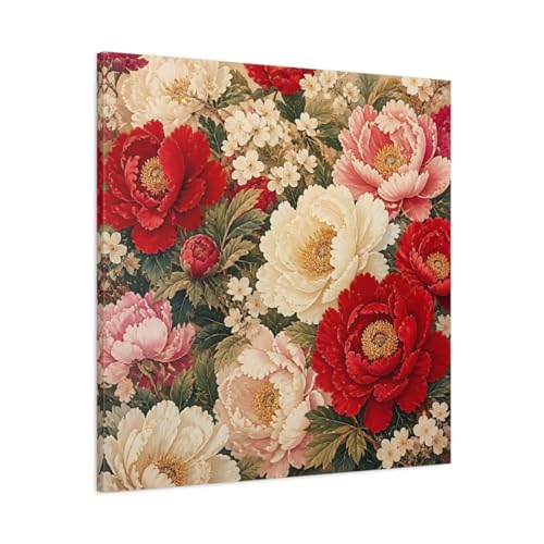 Tableau Pivoines Rouges et Blanches 80x80cm | Toile Carrée Décoration Salon
